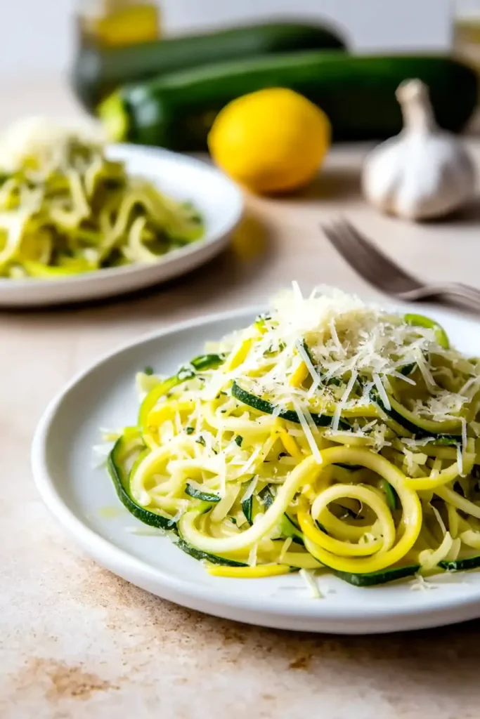 Low Carb Lemon Garlic Zucchini Noodles – Simple & Delicious 6 Plate of lemon garlic zucchini noodles with parmesan and fresh zucchini