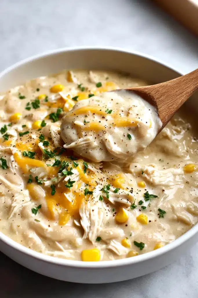 White chicken chili in white bowl with spoon, topped with cheese and parsley