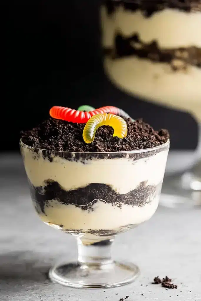 The Best Oreo Dirt Cake – Fun, Creamy, Crowd-Pleaser 10 The Best Oreo Dirt Cake served in a mini glass cup with gummy worms on top