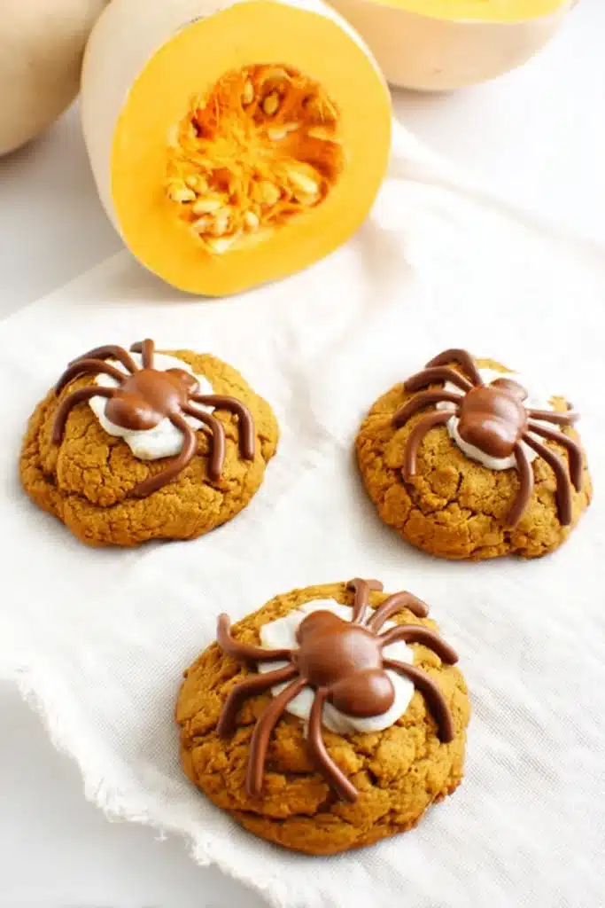 Spiced Pumpkin Cookies – Soft, Sweet & Perfect for Fall 9 spiced pumpkin cookies with chocolate spiders and butternut squash