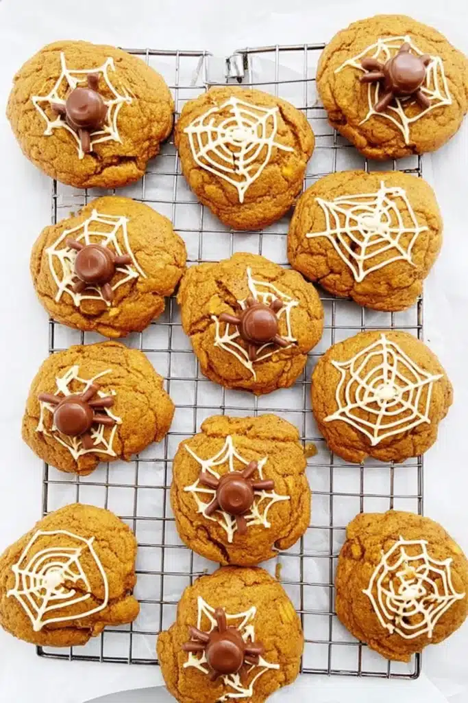 spiced pumpkin cookies decorated with chocolate spiders and webs on cooling rack