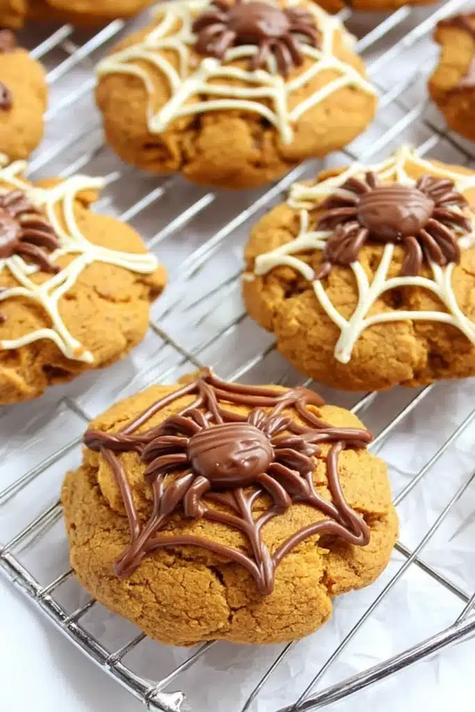 Spiced Pumpkin Cookies – Soft, Sweet & Perfect for Fall 7 spiced pumpkin cookies decorated with piped chocolate spiders on a cooling rack