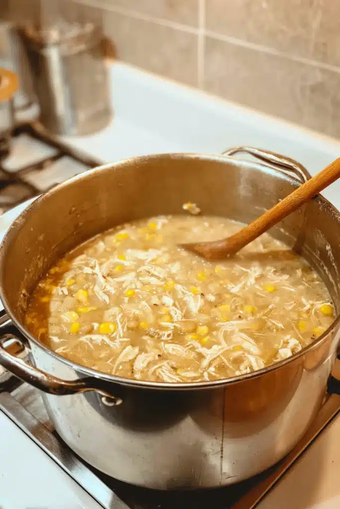 White chicken chili simmering in a pot on the stove with wooden spoon