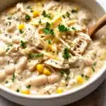 White chicken chili in white bowl on white-gray table with cheese and herbs