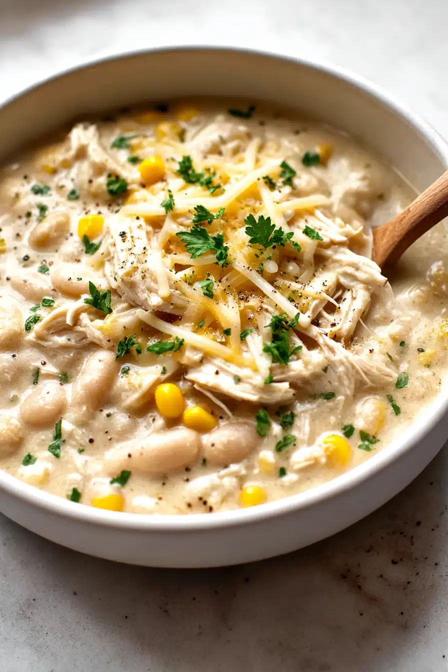 White chicken chili in white bowl on white-gray table with cheese and herbs