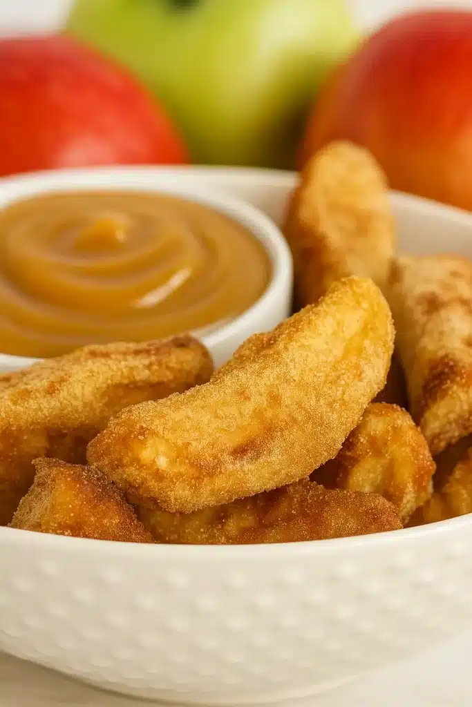 Air fryer apple fries in a white bowl with caramel dip and apples in background