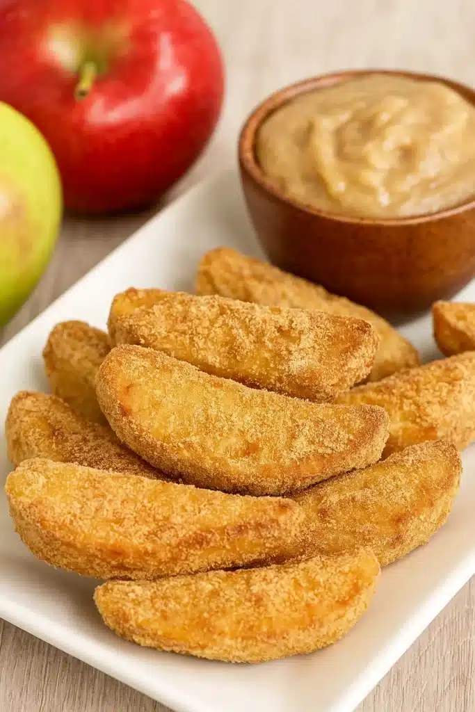 Crispy air fryer apple fries with caramel dip and fresh apples
