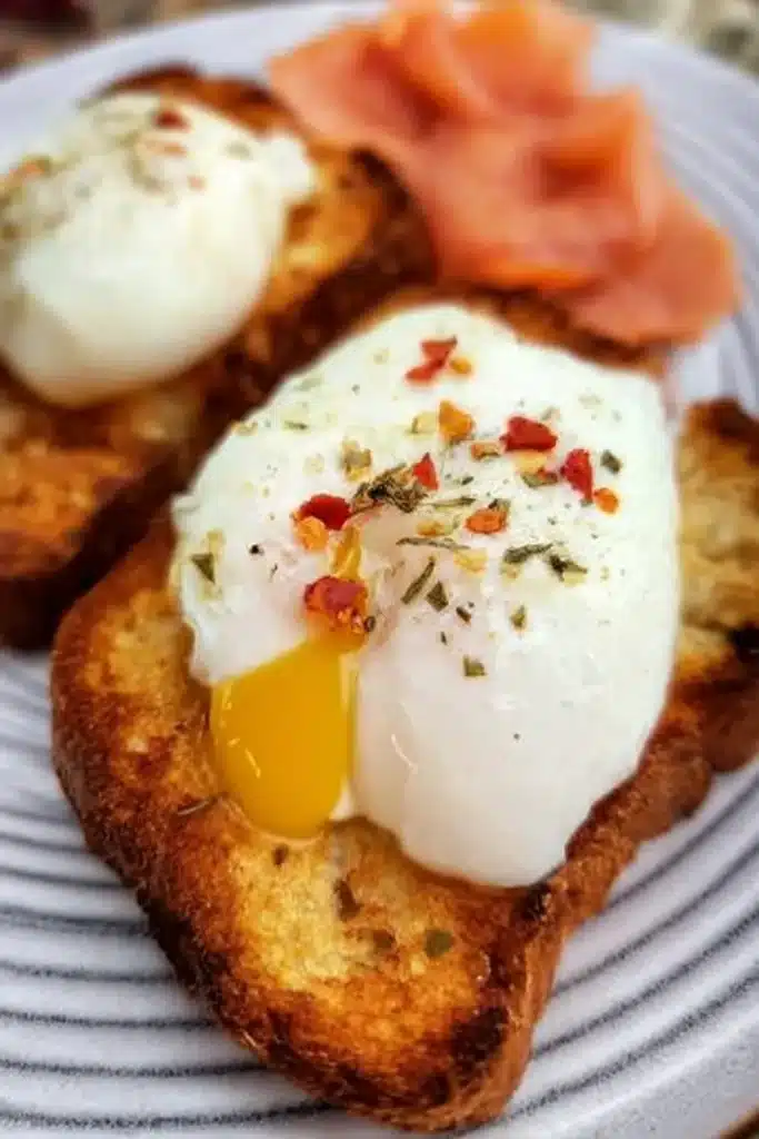 Air Fryer Poached Eggs on toast with smoked salmon and red pepper flakes