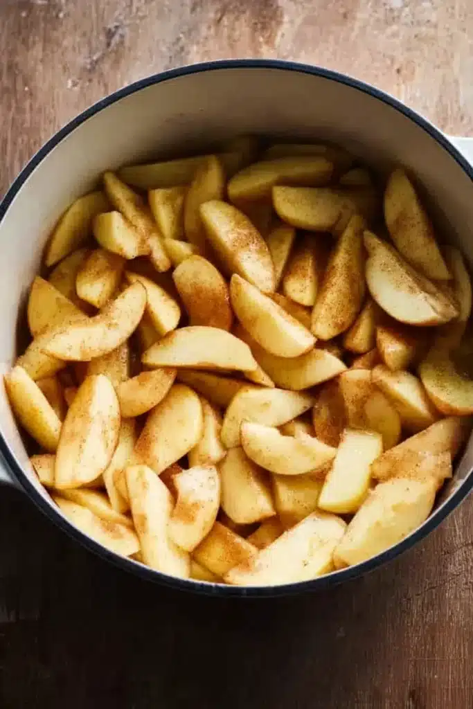 apple cobbler filling with sliced cinnamon apples in a black pot