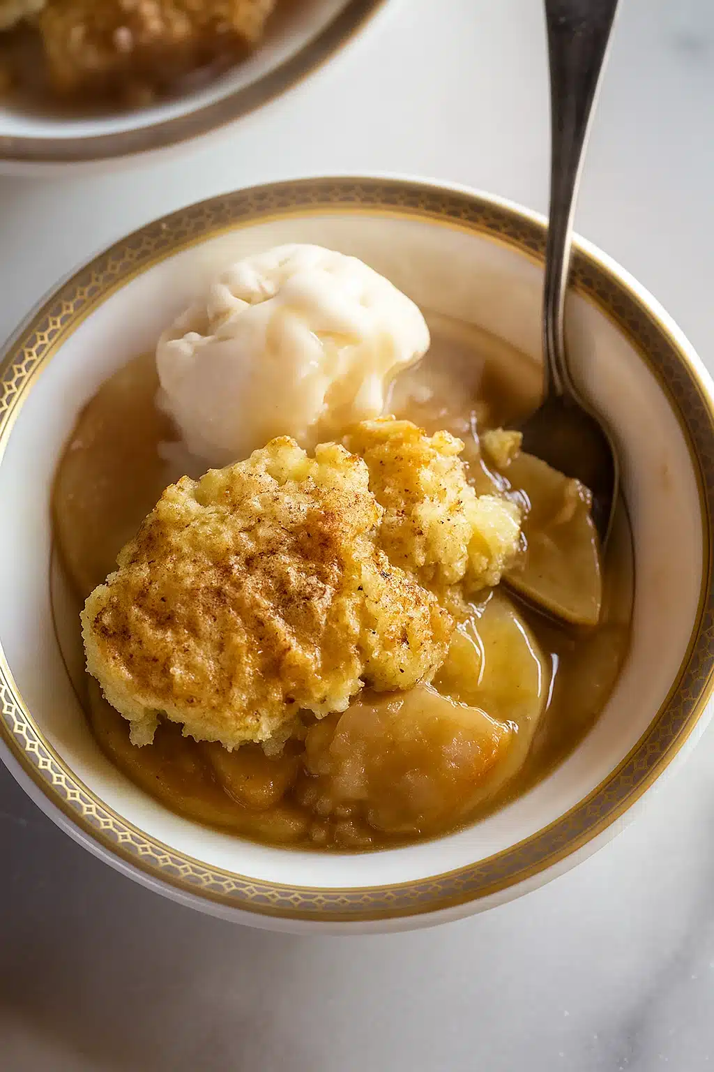 apple cobbler served warm with vanilla ice cream in a bowl