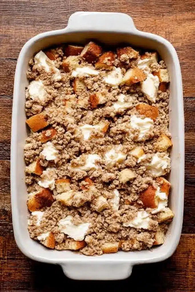 Unbaked cream cheese French toast casserole with crumb topping in white dish