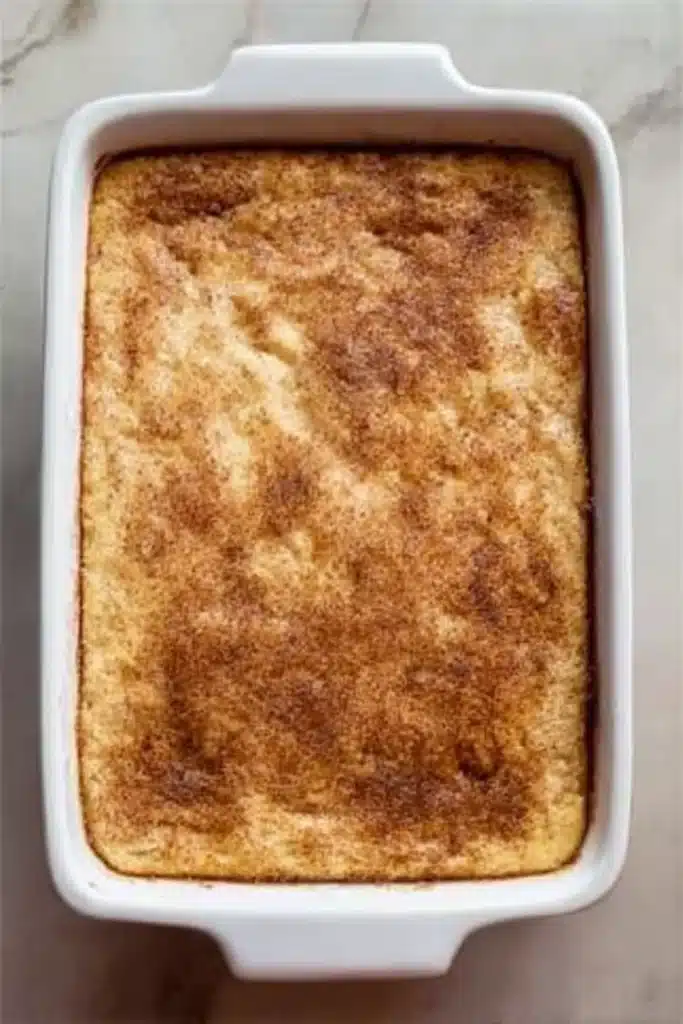 baked apple cobbler with golden cinnamon crust in white dish