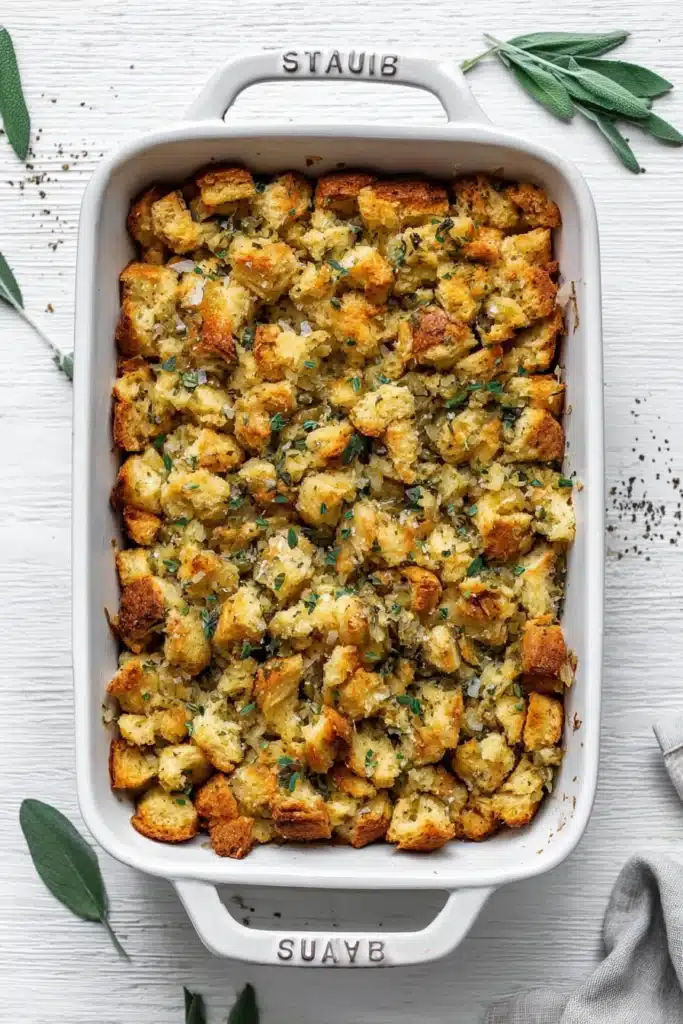 Our Favorite Buttery Herb Stuffing | Ultimate Holiday Side 17 Golden baked buttery herb stuffing in white dish with crispy top