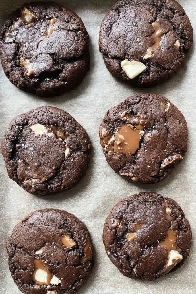 Freshly baked Chocolate Caramel Cookies with melty centers and chocolate chunks