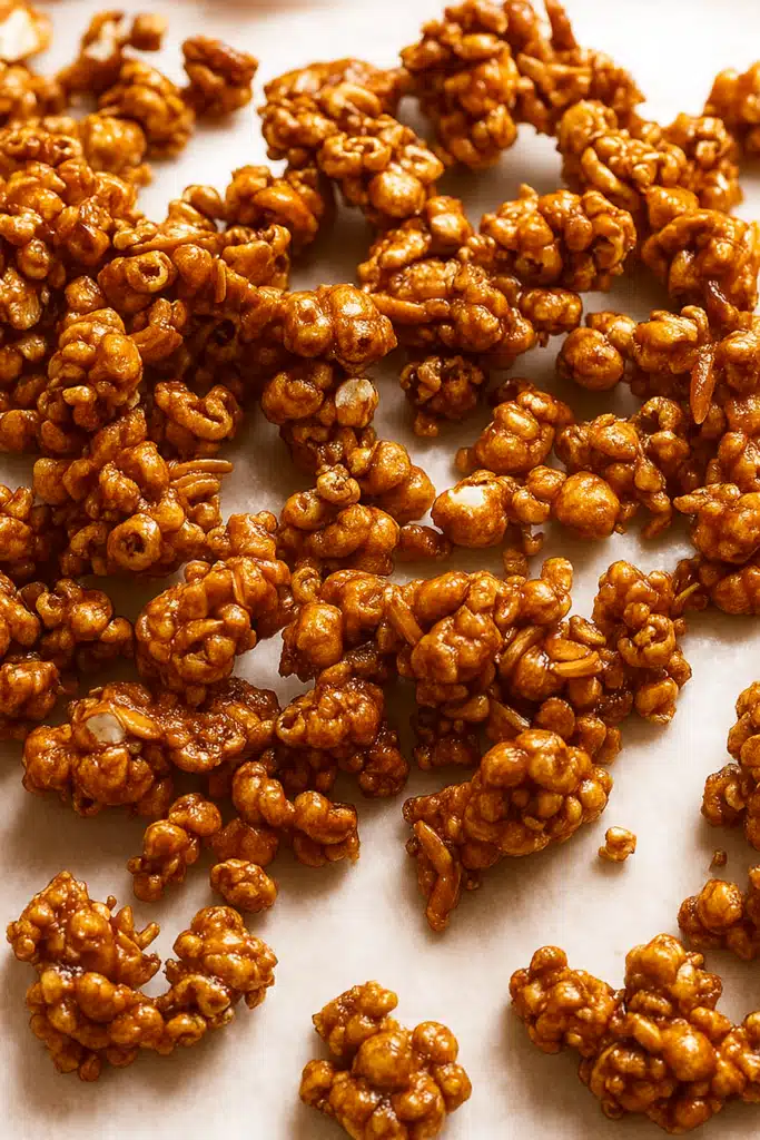 Christmas Popcorn Candy cooling on parchment after baking