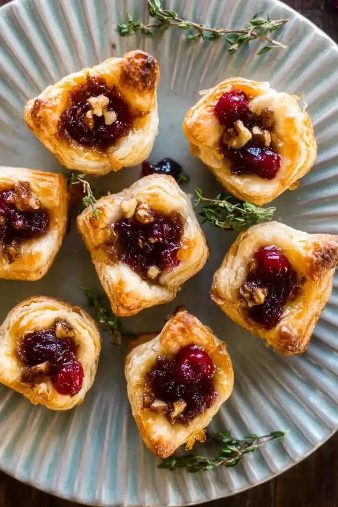 Baked Cranberry Brie Bites – Quick & Festive Favorite 8 Baked Cranberry Brie Bites arranged on a plate with flaky pastry and cranberry filling