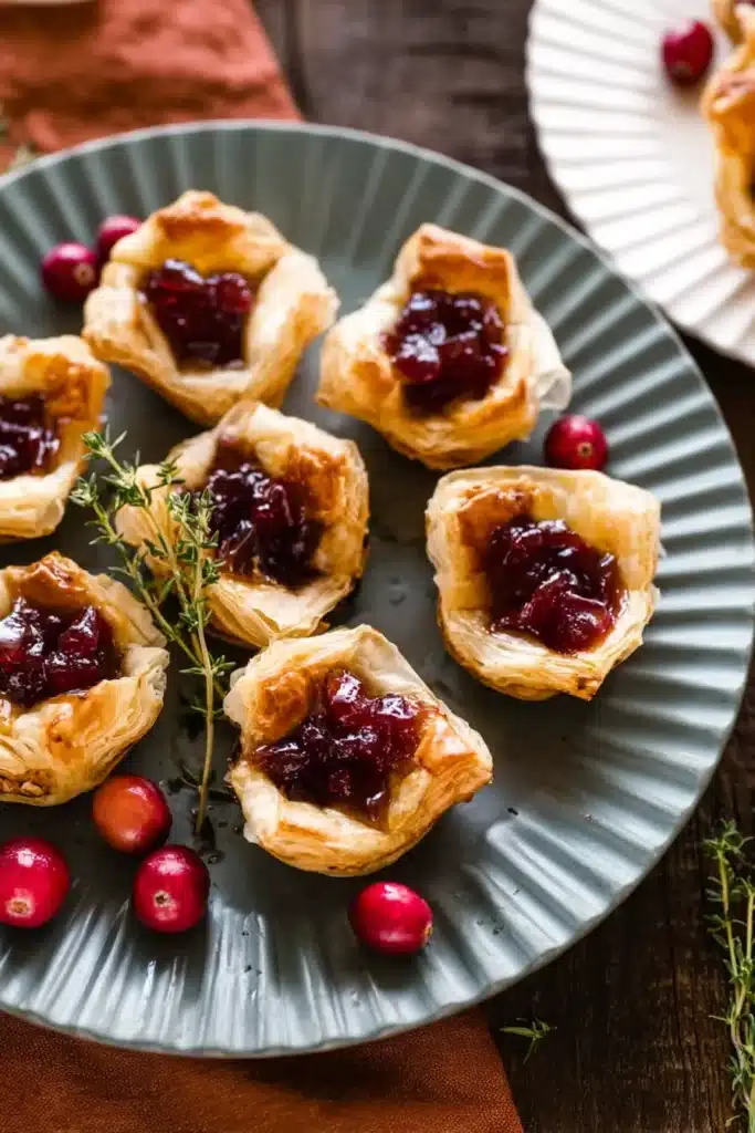 Baked Cranberry Brie Bites – Quick & Festive Favorite 10 Baked Cranberry Brie Bites on pink plate with cranberries and rosemary