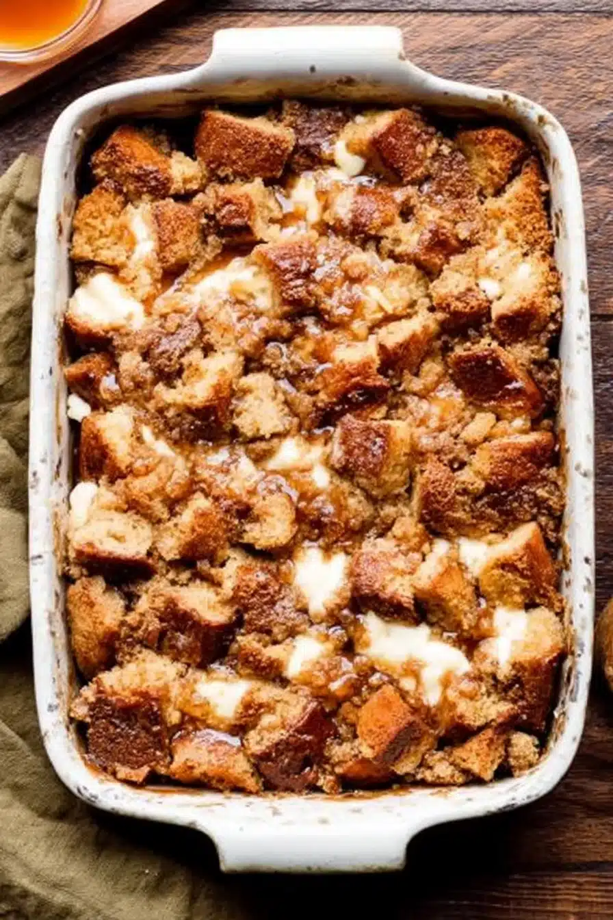Golden baked cream cheese French toast casserole in white dish with crumb topping