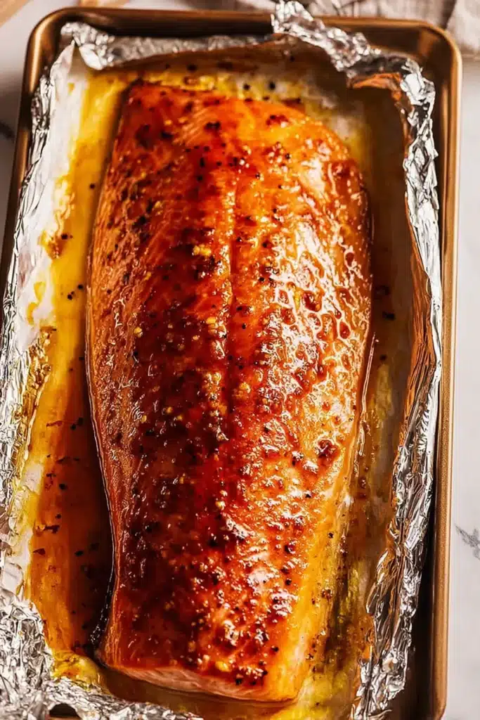 Golden baked salmon with honey glaze fresh out of the oven