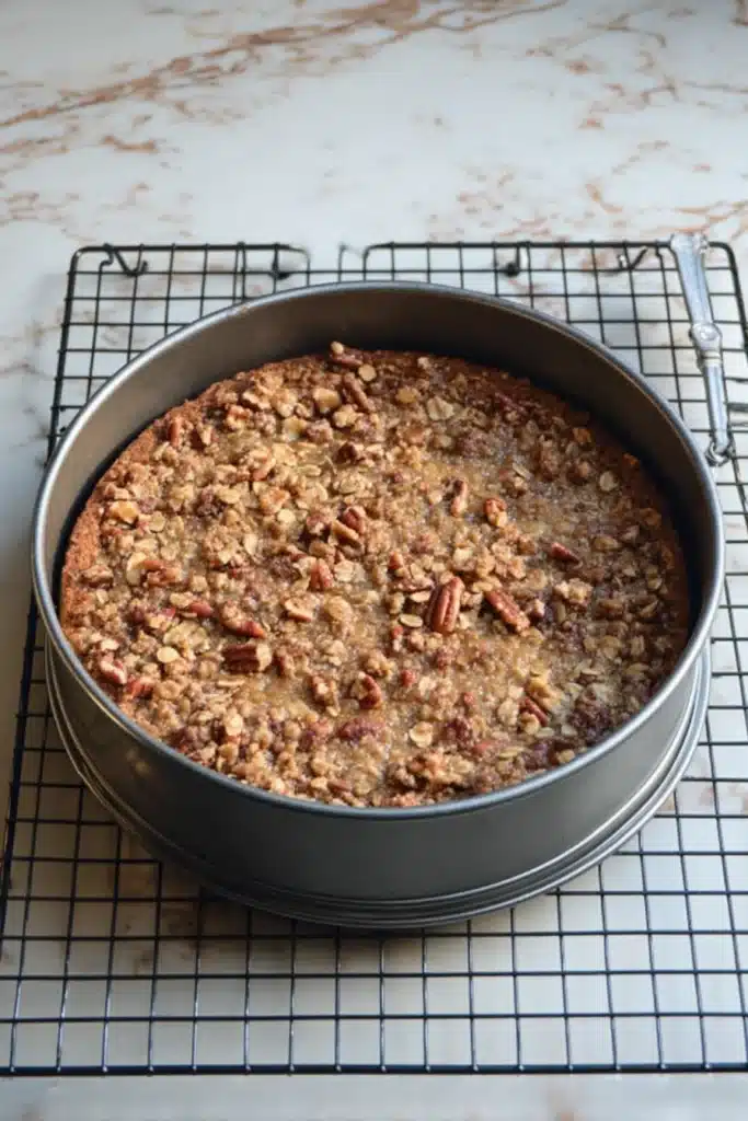 Pumpkin pecan streusel torte cooling on rack after baking