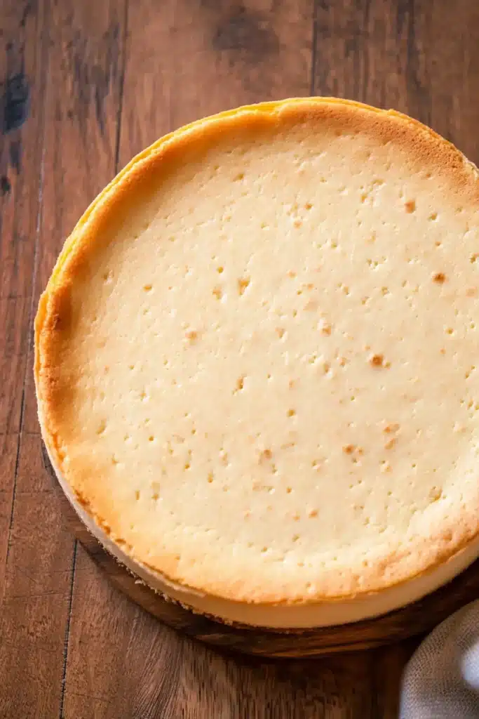 Freshly baked sugar cookie cheesecake cooling on a wooden surface