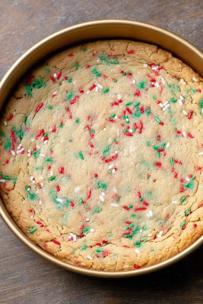 Baked sugar cookie cheesecake crust with holiday sprinkles in a round pan