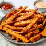 Crispy Oven Baked Sweet Potato Fries for a Stunning Side 7 Crispy oven baked sweet potato fries on a plate with dipping sauces