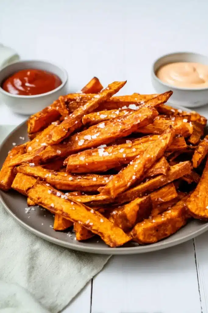 Crispy Oven Baked Sweet Potato Fries for a Stunning Side 6 Crispy oven baked sweet potato fries on a plate with dipping sauces