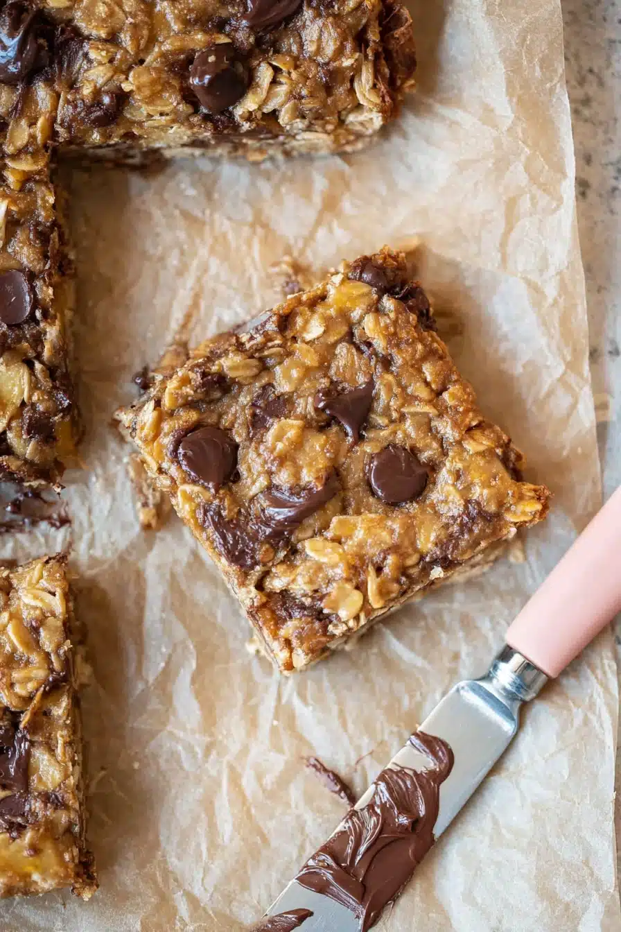 Banana oatmeal bars with chocolate chips on parchment paper, soft and chewy texture