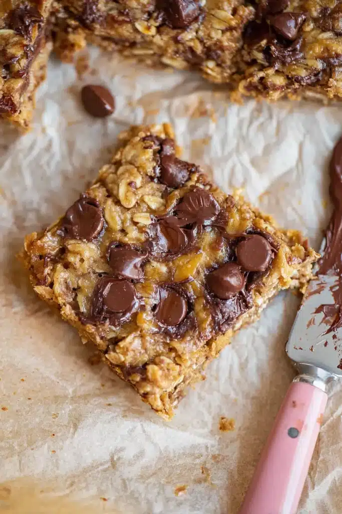 Banana Oatmeal Bars | Quick, Easy & Wholesome Snack 12 Banana oatmeal bars with chocolate chips on parchment paper, soft and chewy texture