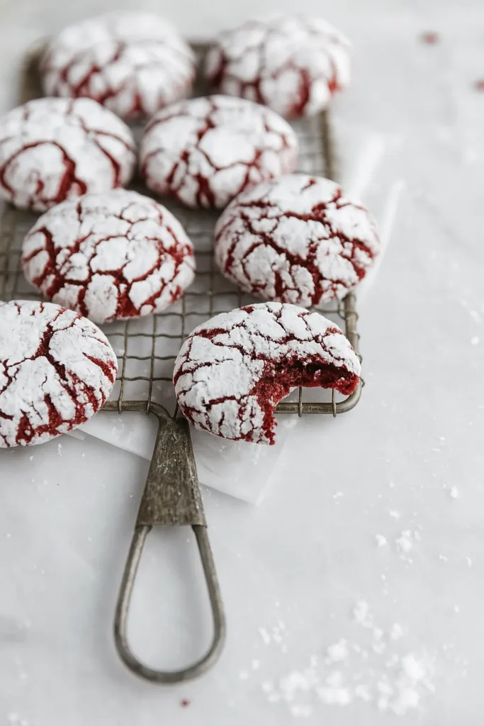 Red velvet crinkle cookies on cooling rack, bitten cookie in front