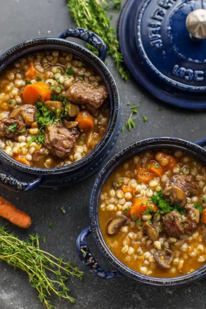 Two small bowls of beef barley soup with carrots, mushrooms, and herbs