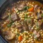 Beef barley soup with tender beef, mushrooms, carrots, and herbs in a rustic bowl