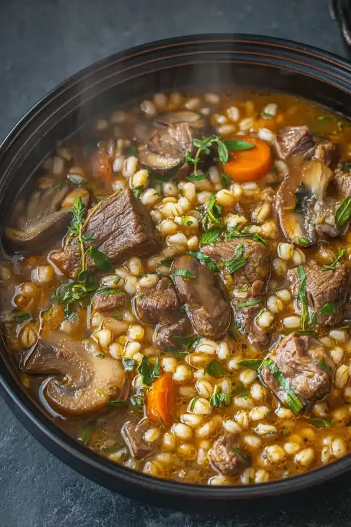 Beef barley soup with tender beef, mushrooms, carrots, and herbs in a rustic bowl