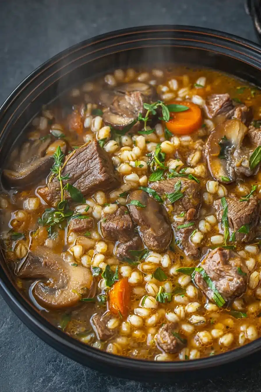 Beef barley soup with tender beef, mushrooms, carrots, and herbs in a rustic bowl