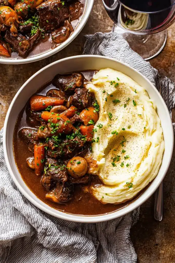 Classic Beef Bourguignon – Cozy, Delicious Holiday Favorite 11 Classic beef bourguignon with mashed potatoes and red wine in a rustic setting