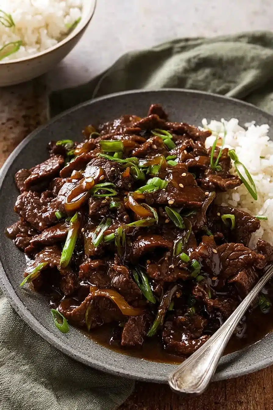 Glossy beef stir fry with honey pepper sauce garnished with scallions, served with rice
