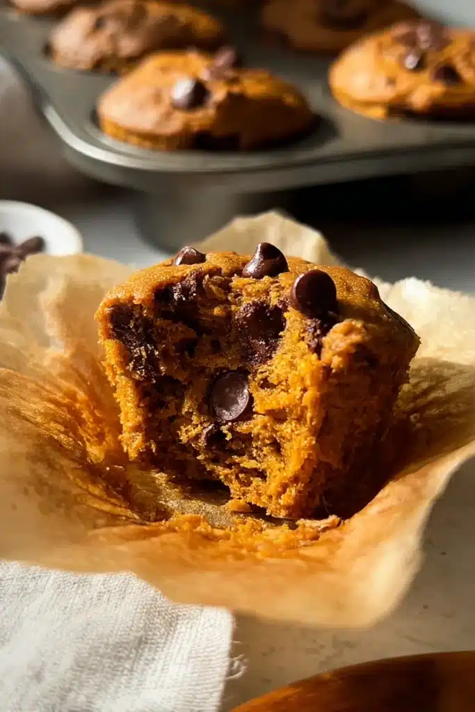 Pumpkin muffin with a bite taken out showing gooey chocolate inside