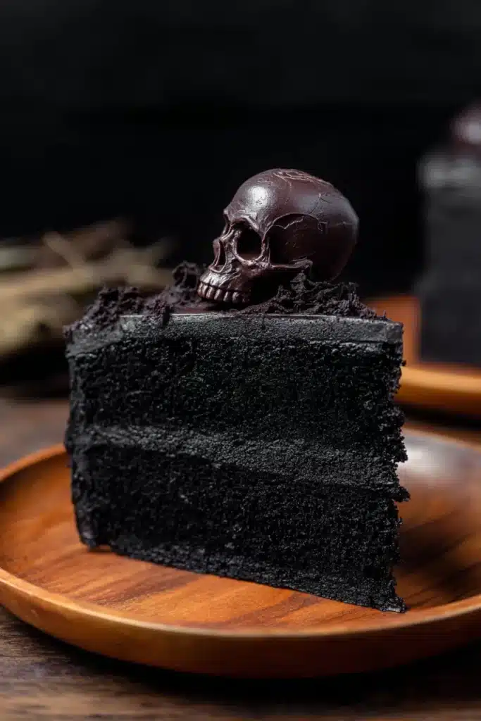 Halloween Chocolate Cake Recipe – Spooky & Delicious Treat 13 Slice of Halloween chocolate cake with chocolate skull on top