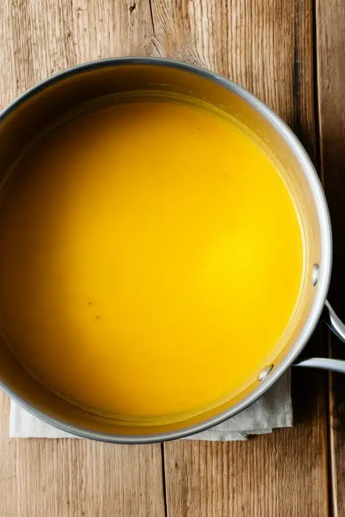 Blended spicy butternut squash and sweet potato soup in a pot