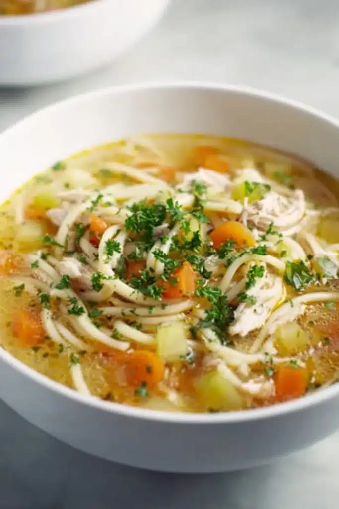 Bowl of slow cooker chicken noodle soup with noodles, chicken, and vegetables