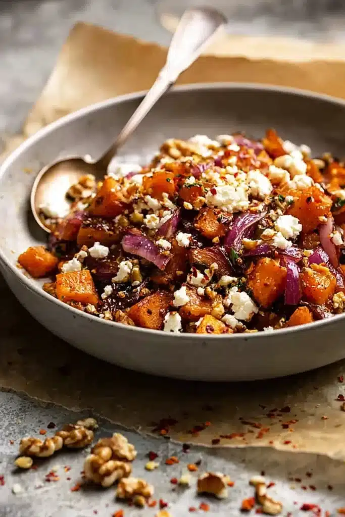 Bowl of maple roasted pumpkin with chili, feta, and walnuts