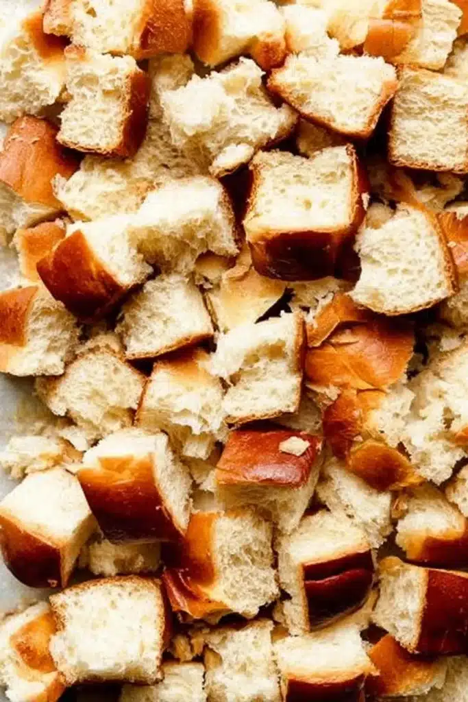 Cubed challah bread for baked cream cheese French toast casserole