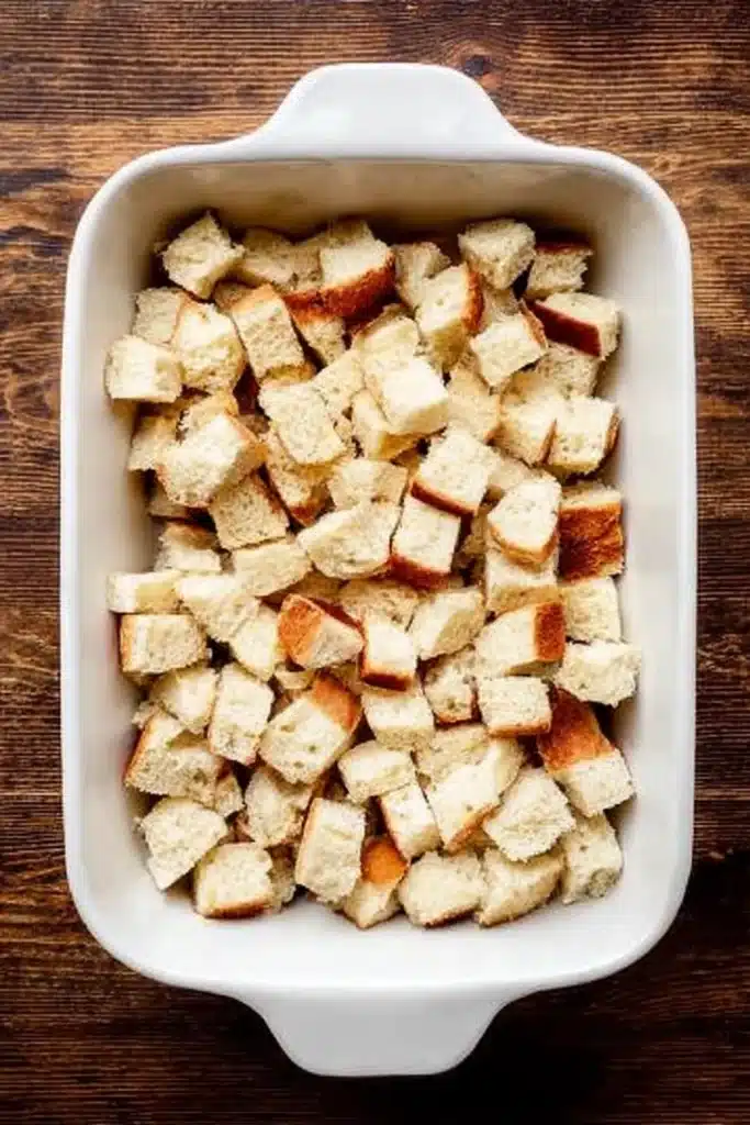 Bread cubes layered in white casserole dish for French toast bake