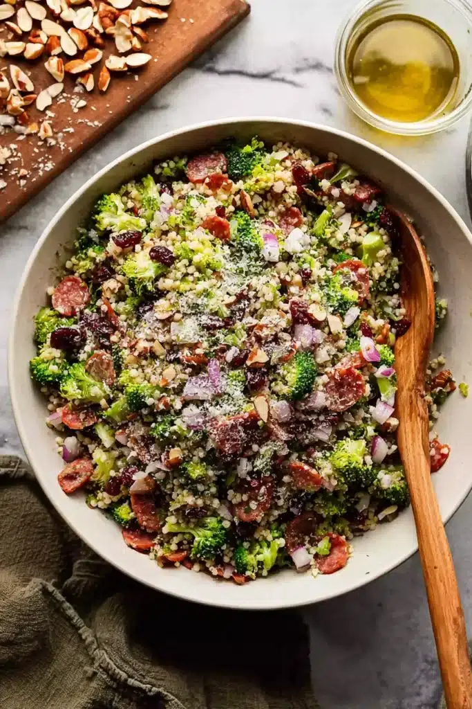 Broccoli pearl crunch salad with almonds, salami, and parmesan in a white bowl