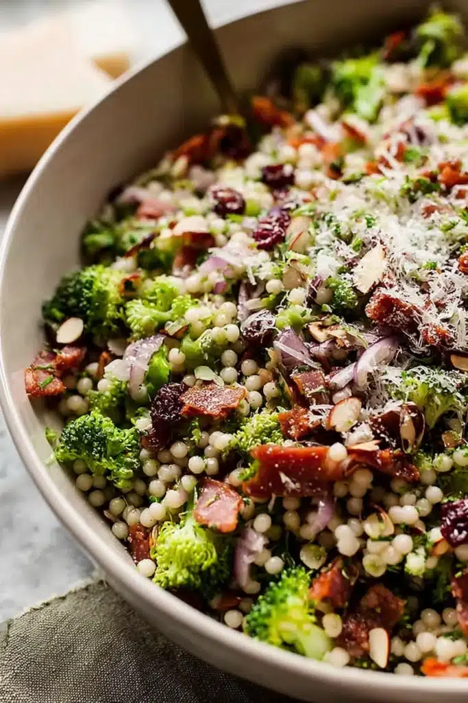 Fresh broccoli pearl crunch salad with couscous, salami, almonds, and grated parmesan