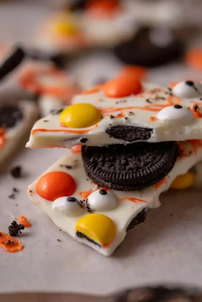 Easy White Chocolate Halloween Bark – Quick & Spooky Treat 11 Broken pieces of Easy White Chocolate Halloween Oreo Bark on parchment paper