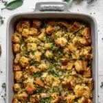 Our Favorite Buttery Herb Stuffing | Ultimate Holiday Side 18 Golden buttery herb stuffing in a ceramic dish topped with fresh herbs