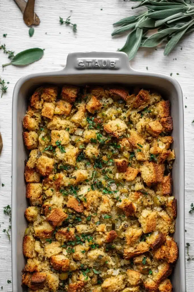Golden buttery herb stuffing in a ceramic dish topped with fresh herbs