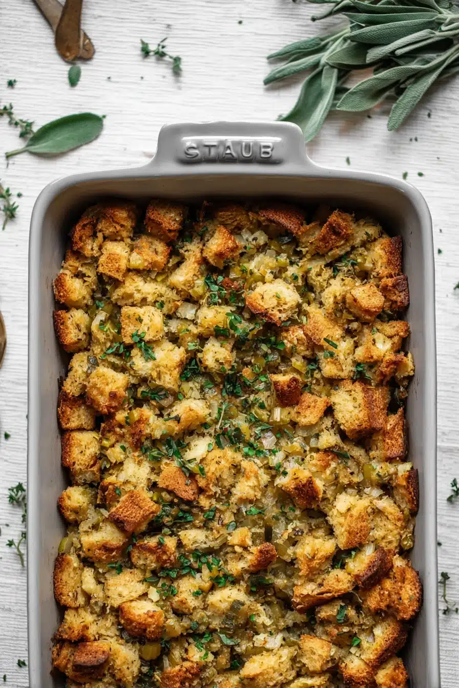 Golden buttery herb stuffing in a ceramic dish topped with fresh herbs